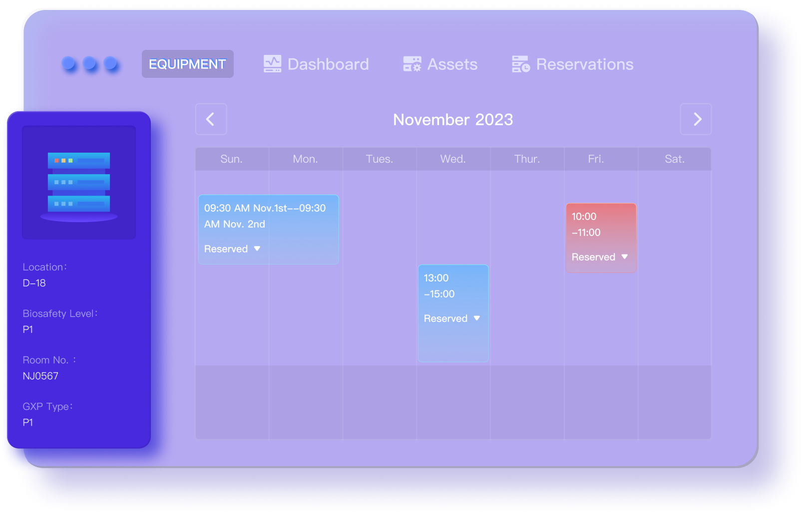 Equipment reservation and lifecycle management interface