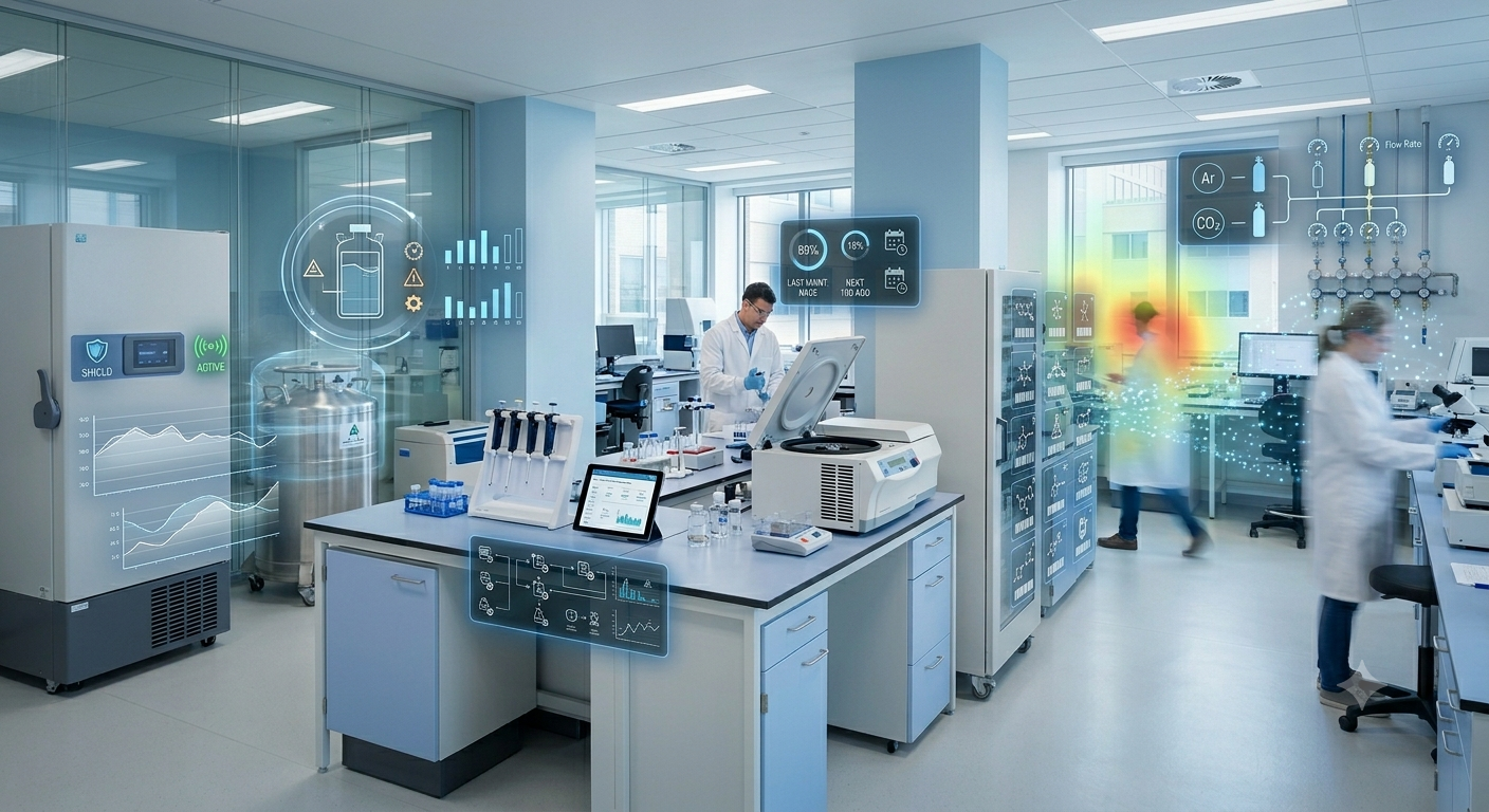 Illustrative integrated regulated lab scene showing seven physical lab scenes connected by AIoT operating context